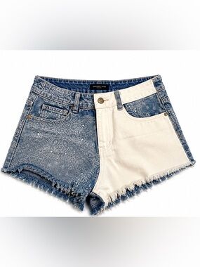Sincerely Jules Denim Shorts Women’s 27 Paisley Color Block Frayed Festival